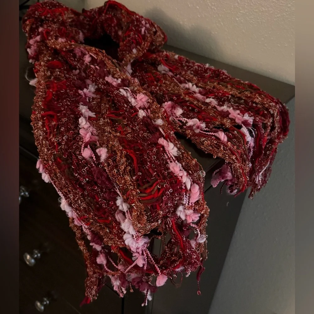 Red Pink Textured Fringe Scarf Wrap | Boho Handmade Statement Accessory